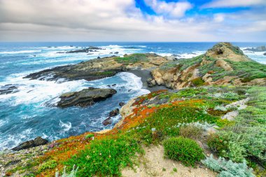 Point Lobos, California 'nın canlı kıyı manzarası dramatik uçurumlar, sulandırıcılar ve turkuaz dalgalar karanlık kayaların üzerine çarpıyor. Seyahat, doğa ve doğal tasarım için ideal canlı bir deniz manzarası.