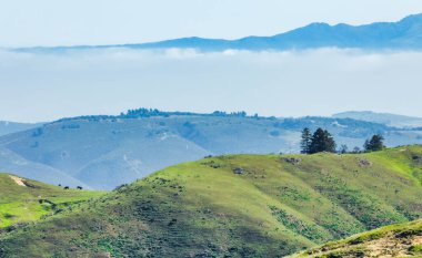 Kaliforniya 'da Soberanes Kanyonu yakınlarındaki Toro Dağı ve katmanlı yeşil tepelerin uzak manzarası, 1. Otoyol ve dağların altında süzülen kıyı sisi.