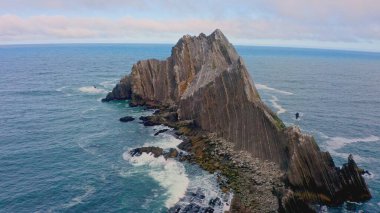 Pacifica yakınlarındaki California sahilindeki San Pedro Kayası 'nın havadan görüntüsü. Pasifik Okyanusu 'ndan keskin çizgili uçurumlar, engebeli dokular, deniz kuşları ve sisli atmosfer vahşi bir sahil manzarası yaratır.