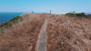 Tennessee Vadisi, Marin Burnu, Kaliforniya, ABD 'de Pasifik Okyanusu' na bakan uçurum kenarındaki yürüyüş yolu videosu. Engebeli kıyı şeridi, dalgalar ve yaz gökyüzü olan manzaralı kıyı manzarası