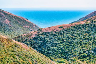 Scenic view of rolling green hills opening to the Pacific Ocean along Tennessee Valley Trail, Marin Headlands, California. A peaceful coastal hike with ocean horizon framed by rugged slopes