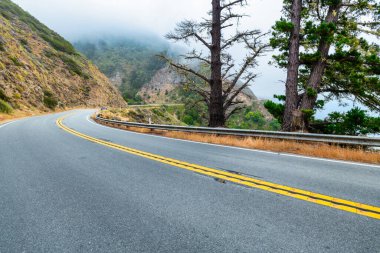 Winding Highway 1 road through the misty mountains of Big Sur, California. Scenic drive with rugged cliffs, pine trees, and coastal fog, capturing the dramatic atmosphere of this iconic route