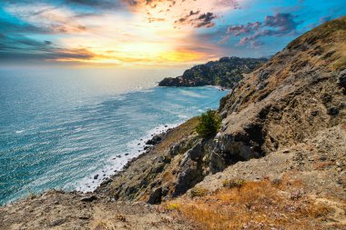 Muir Beach Cove on the California coast, viewed from above along the Tennessee Valley Trail. The scene shows turquoise ocean waters, sandy beach, and hillside homes surrounded by lush greenery