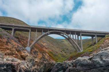 Rocky shoreline along Highway 1 in Big Sur, California, USA. Rugged cliffs meet turquoise Pacific waves, with coastal mountains rising in the background, showcasing iconic scenery of the Pacific Coast Highway.