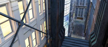 Bir süper kahraman şehrindeki yüksek binaların 3 boyutlu arkaplan çizimi