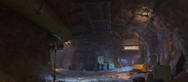 Sinematik ışıklandırma ve inşaat ekipmanlarıyla bir yeraltı sığınağının 3 boyutlu görüntüsü
