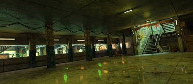 Üç boyutlu terk edilmiş bir yeraltı geçidi. Duvarlarında sinema ışıkları ve grafiti var.