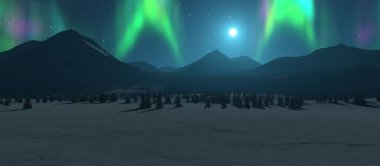 Gökyüzünde Aurora Borealis olan karlı bir manzaranın 3 boyutlu arkaplan görüntüsü