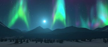 Gökyüzünde Aurora Borealis olan karlı bir manzaranın 3 boyutlu arkaplan görüntüsü