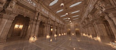 Parlak zeminli ve rahat ışıklandırmalı büyük bir balo salonunun 3 boyutlu arkaplan görüntüsü