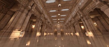 Parlak zeminli ve rahat ışıklandırmalı büyük bir balo salonunun 3 boyutlu arkaplan görüntüsü