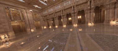 Parlak zeminli ve rahat ışıklandırmalı büyük bir balo salonunun 3 boyutlu arkaplan görüntüsü