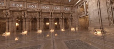 Parlak zeminli ve rahat ışıklandırmalı büyük bir balo salonunun 3 boyutlu arkaplan görüntüsü