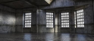 Ürkütücü, tüyler ürpertici, büyük, terk edilmiş bir salonun 3 boyutlu arka plan oluşturucusu