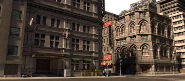 Gündüz modern bir şehrin üç boyutlu arkaplan çizimi, her iki tarafında ofis binaları var.