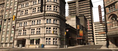 Gündüz modern bir şehrin üç boyutlu arkaplan çizimi, her iki tarafında ofis binaları var.