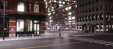 Her iki tarafında ofis binaları olan modern bir şehrin 3 boyutlu arkaplan görüntüsü