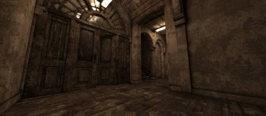 Sinema ışıklandırmalı ürkütücü eski bir tımarhanenin 3 boyutlu arka plan görüntüsü