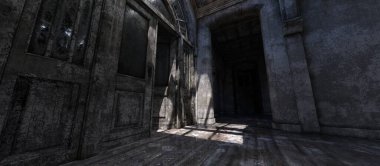 Sinema ışıklandırmalı ürkütücü eski bir tımarhanenin 3 boyutlu arka plan görüntüsü