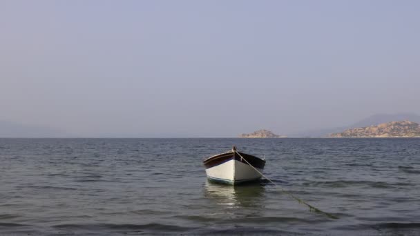 Fishing Boats Moored Shore Lake Bafa Turkey — Stockvideo