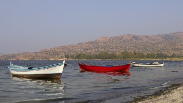 Fishing Boats Moored Shore Lake Bafa Turkey — Stock video