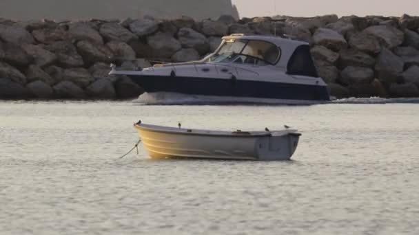 Små Fiskebåtar Förtöjda Längs Stranden Egeiska Havet Turkiet — Stockvideo