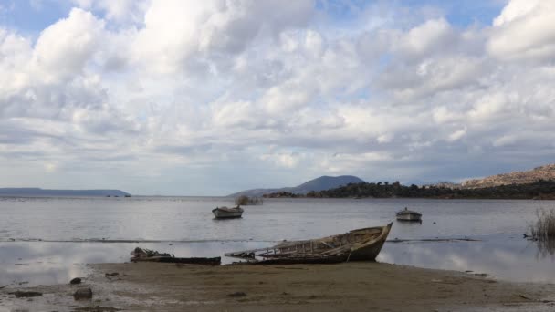 Fishing Boats Moored Shore Lake Bafa Turkey — Video