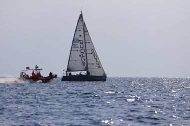 Bodrum,Turkey. 14 January 2023: Sailboats sail in windy weather in the blue waters of the Aegean Sea, on the shores of the famous holiday destination Bodrum.