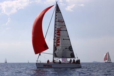 Bodrum,Turkey. 14 January 2023: Sailboats sail in windy weather in the blue waters of the Aegean Sea, on the shores of the famous holiday destination Bodrum.