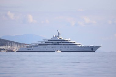 Bodrum, Turkey, 14 January 2023: The giant superyacht Eclipse, owned by Russian businessman Roman Abramovich, anchored in Bodrum's