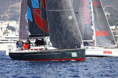 Bodrum,Turkey. 15 January 2023: Sailboats sail in windy weather in the blue waters of the Aegean Sea, on the shores of the famous holiday destination Bodrum.