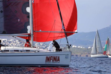 Bodrum,Turkey. 15 January 2023: Sailboats sail in windy weather in the blue waters of the Aegean Sea, on the shores of the famous holiday destination Bodrum.
