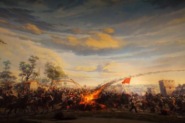 Istanbul, Turkey. 07 April 2015: Fall of Constantinople Captured by Mehmet. Panorama Museum 1453. Details of the final assault of Constantinople. 