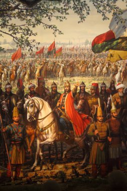 Istanbul, Turkey. 07 April 2015: Fall of Constantinople Captured by Mehmet. Panorama Museum 1453. Details of the final assault of Constantinople.  clipart