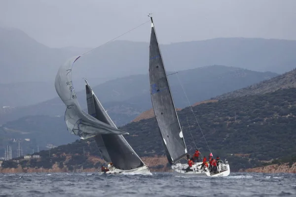 Bodrum Turkey February 2023 Sailboats Sail Windy Weather Blue Waters — 스톡 사진