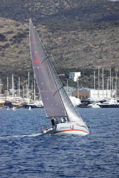 Bodrum Turkey March 2023 Sailboats Sail Windy Weather Blue Waters — Stock Photo, Image