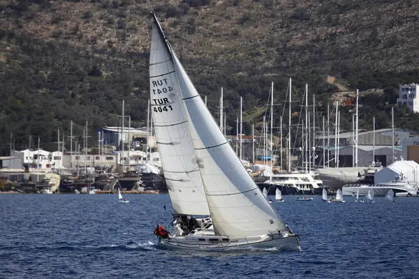 Bodrum Turkey March 2023 Sailboats Sail Windy Weather Blue Waters — Stock Photo, Image