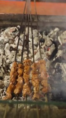 Izgarada şiş kebap. Sosyal medya için dikey video.