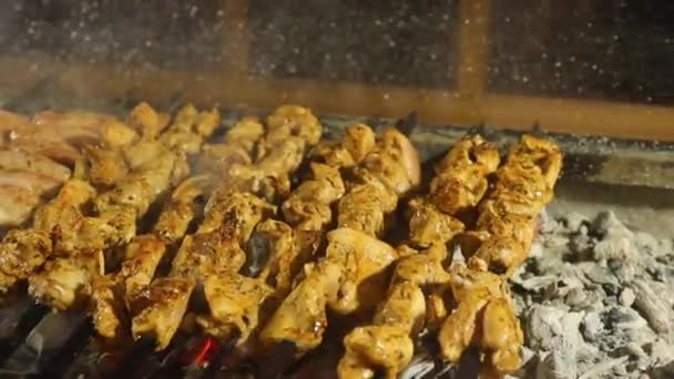 Shish Kebab Parrilla Carne Cerca — Vídeos de Stock