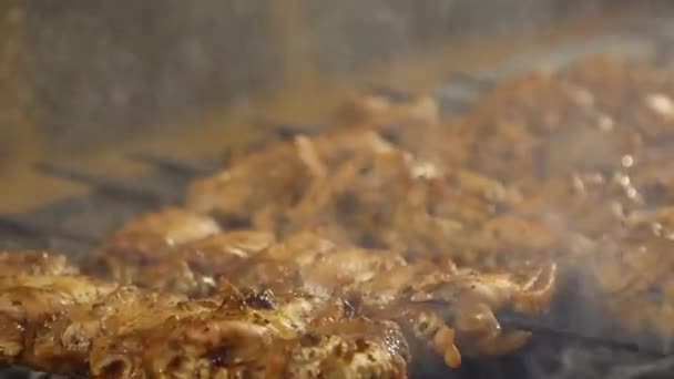 Smaka Kebab Grillen Närbild Kött — Stockvideo