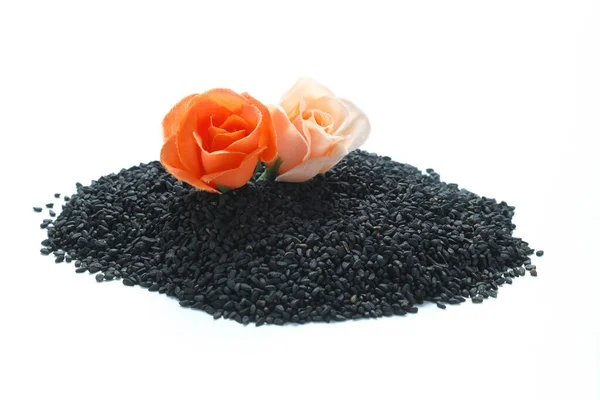 Black Cumin Seeds Isolated White Background Heap Black Nigella Seeds — Stock Photo, Image