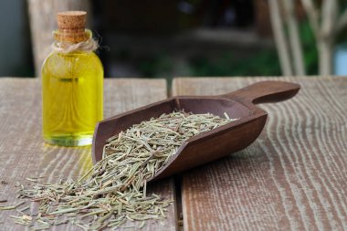 Kuru organik arka plan ya da biberiye yapraklarının dokusu. Sağlıklı gıda konsepti. Biberiyeli ahşap bir kaşık, bir çeşit yeşil renk ve çok ince sopalar. Kahverengi bir masaya yaslanarak. Seçici Odaklanma. 