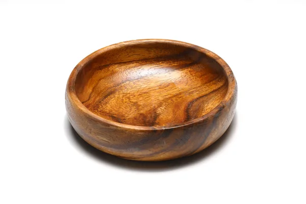 Empty Wooden Plate Bowl Isolated White Background Walnut Wood Top — Fotografia de Stock
