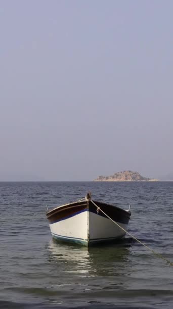 Fishing Boats Moored Shore Lake Bafa Turkey Vertical Video Social — Stock Video