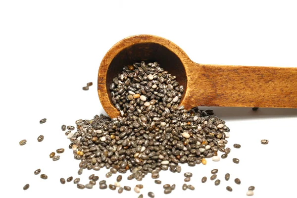 Semena Chia Dřevěné Lžíci Zdravé Superpotraviny Bohaté Omega Mastné Kyseliny — Stock fotografie