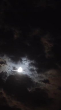 Karanlık gece gökyüzünde hareket eden yarım ay 'a yakın bir zaman atlaması. Sosyal medya için dikey video.