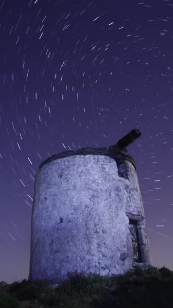 夜空に雨の風車 星の道のタイムラプス ソーシャルメディアのための垂直ビデオ — ストック動画