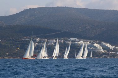 Bodrum, Hindi. 09 Şubat 2019: Yelkenliler Ege Denizi 'nin mavi sularında, ünlü tatil beldesi Bodrum' un kıyılarında rüzgarlı havada yelken açıyorlar..