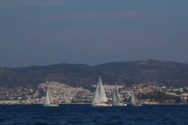 Bodrum, Hindi. 09 Şubat 2019: Yelkenliler Ege Denizi 'nin mavi sularında, ünlü tatil beldesi Bodrum' un kıyılarında rüzgarlı havada yelken açıyorlar..