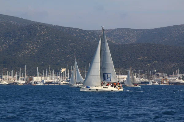 Bodrum Turkey February 2019 Sailboats Sail Windy Weather Blue Waters — Stock Photo, Image